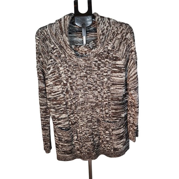 Black, Cream Cowl Neck Long Pull Over Sweater W Front Pockets. Size 1X. NWOT - Picture 1 of 11